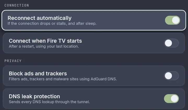 Settings: Reconnect automatically on, Connect when Fire TV starts off, Block ads and trackers off and DNS leak protection on