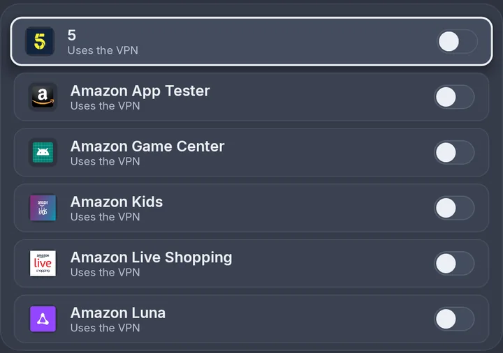 A list of installed apps, each marked Uses the VPN, with a switch beside each one