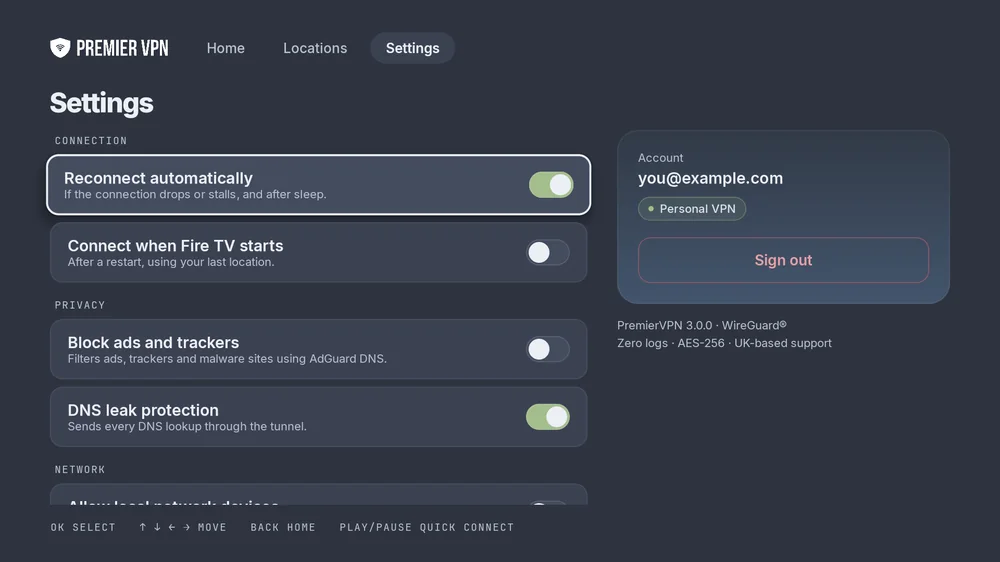 Settings on Fire TV: Reconnect automatically, Connect when Fire TV starts, Block ads and trackers, DNS leak protection and Allow local network devices, with the account panel and Sign out