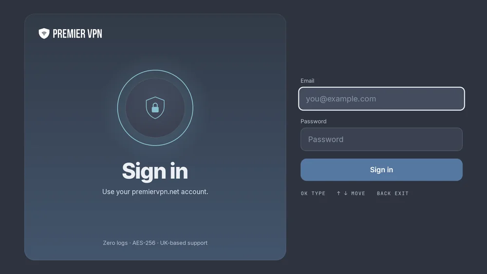 The PremierVPN sign-in screen on Fire TV: Use your premiervpn.net account, with email and password boxes, a Sign in button and the remote button hints OK Type, Move and Back Exit