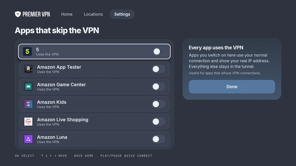 The Apps that skip the VPN screen on Fire TV: a list of installed apps, each marked Uses the VPN with a switch, and a panel explaining that every app uses the VPN