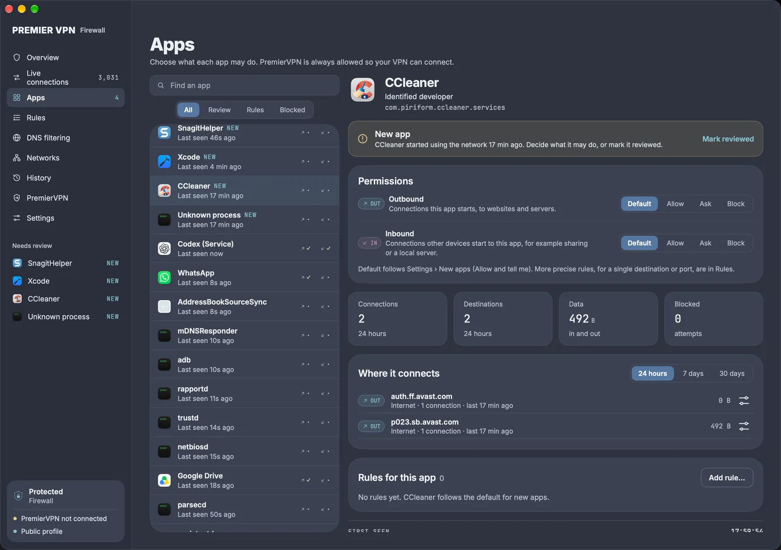 Apps: a new app flagged for review, its outbound and inbound permissions set to Default, Allow, Ask or Block, and where it connects