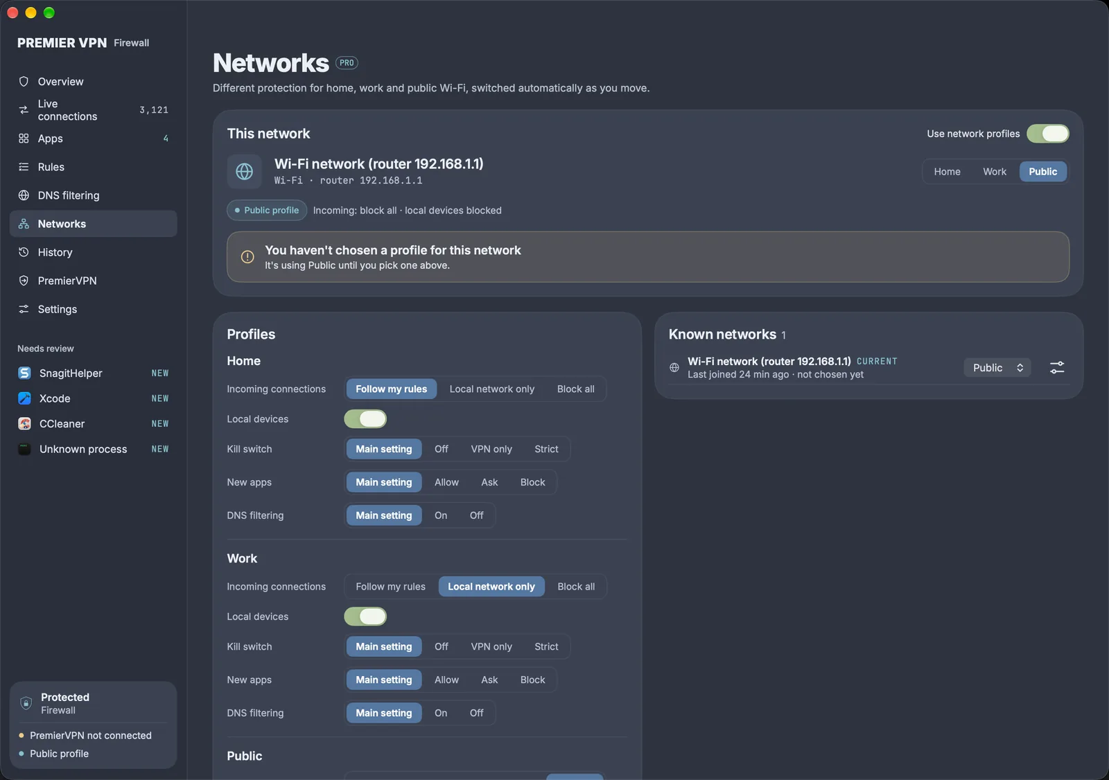 Networks: the current Wi-Fi network on the Public profile, Home and Work profile settings, and known networks