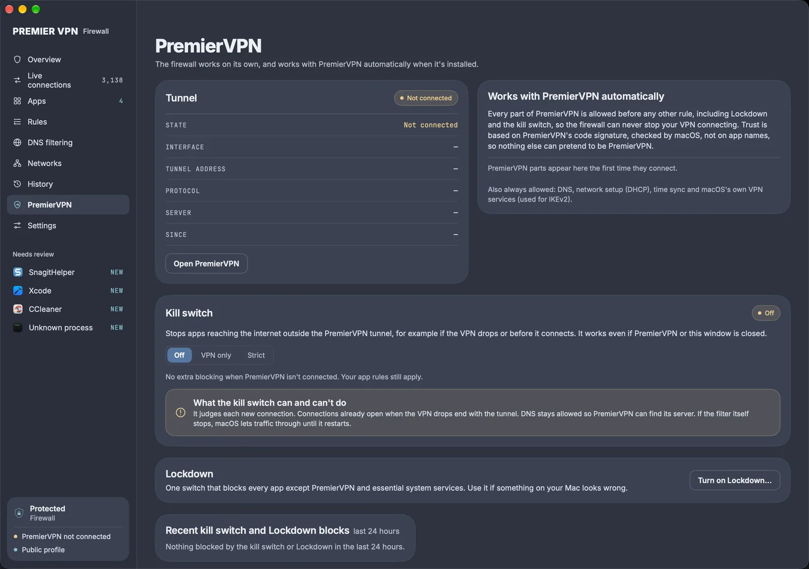 PremierVPN page: tunnel status, the kill switch set to Off, VPN only or Strict, Lockdown, and recent kill switch blocks