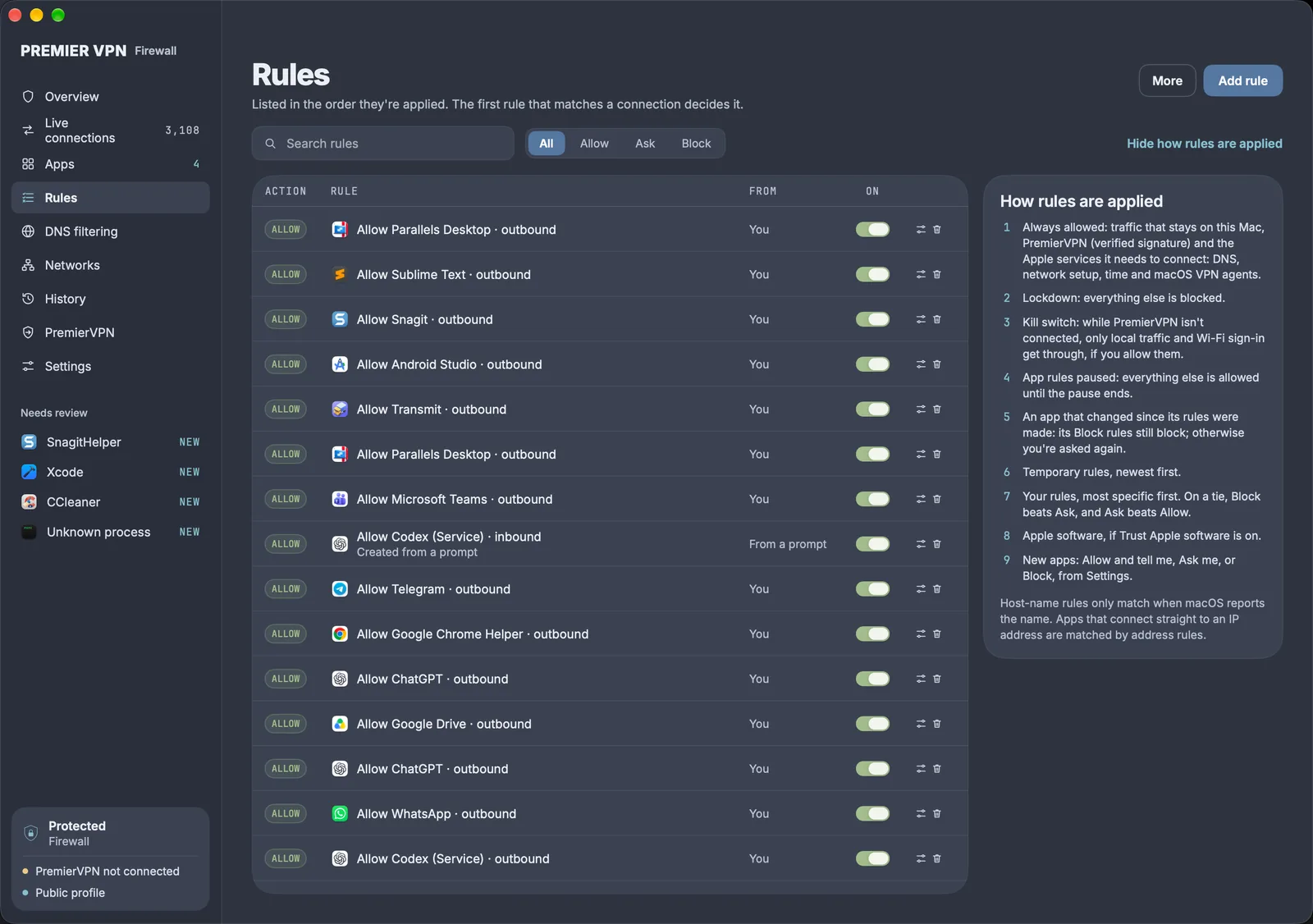 Rules: every rule in the order it's applied, each with an on and off switch, and how rules are applied