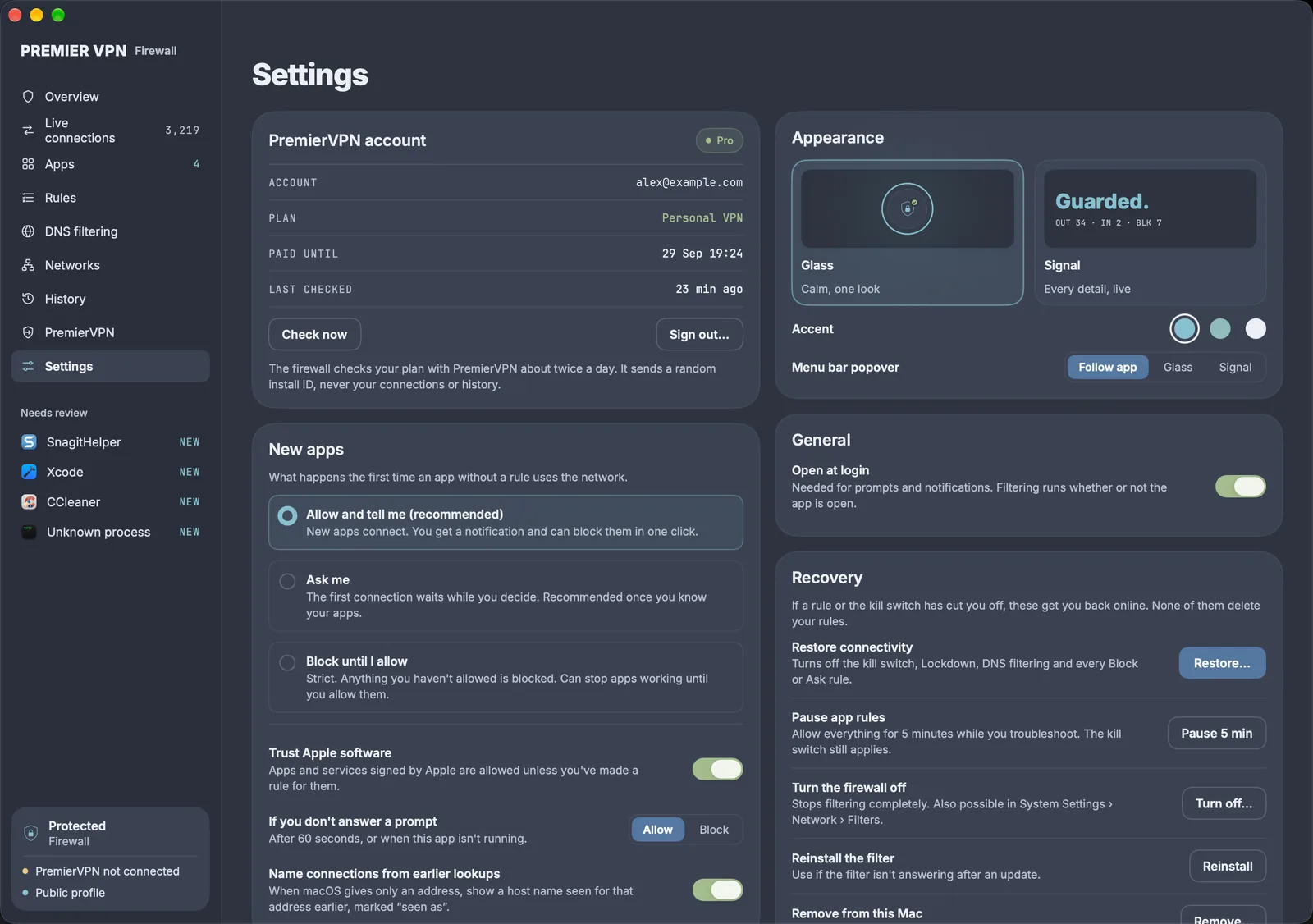 Settings: PremierVPN account showing Pro and the plan, new app handling, appearance, open at login and recovery options