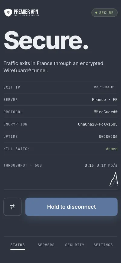 PremierVPN for iPhone in the Signal style, showing a secure WireGuard connection
