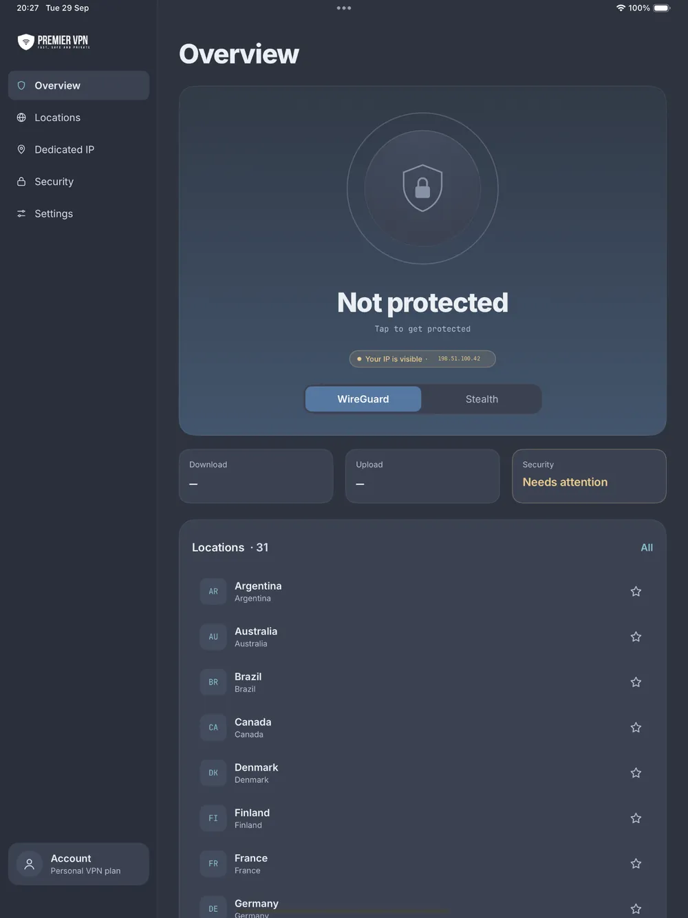 PremierVPN on iPad with a sidebar, the connect button, protocol options and the full list of locations