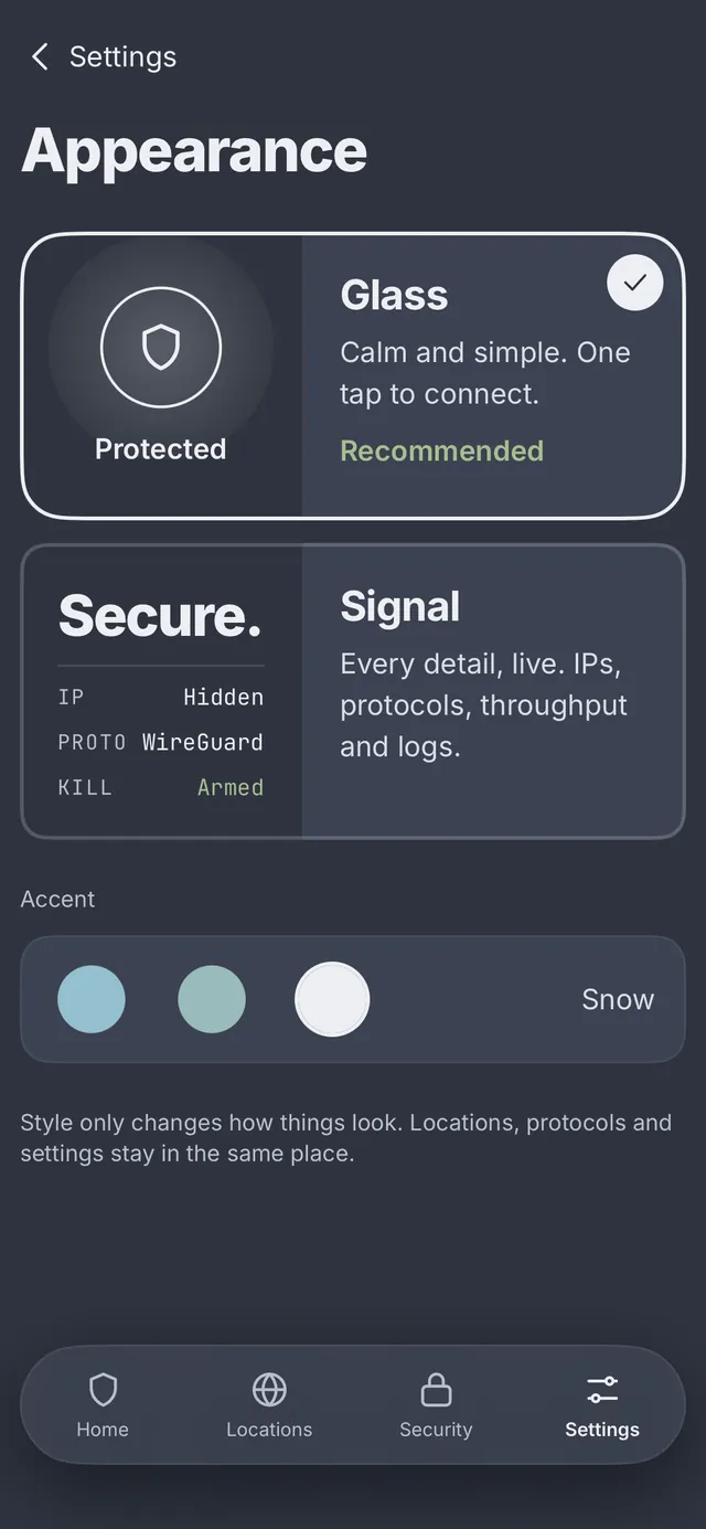 Appearance settings in the PremierVPN iPhone app: choose the Glass or Signal style and a Frost, Teal or Snow accent