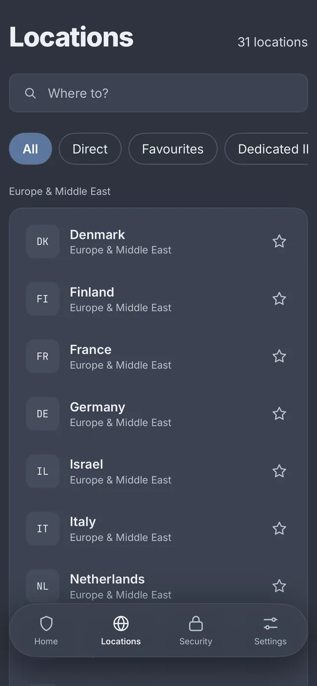 Locations screen in the PremierVPN iPhone app, with search and filters for All, Direct, Favourites and Dedicated IP