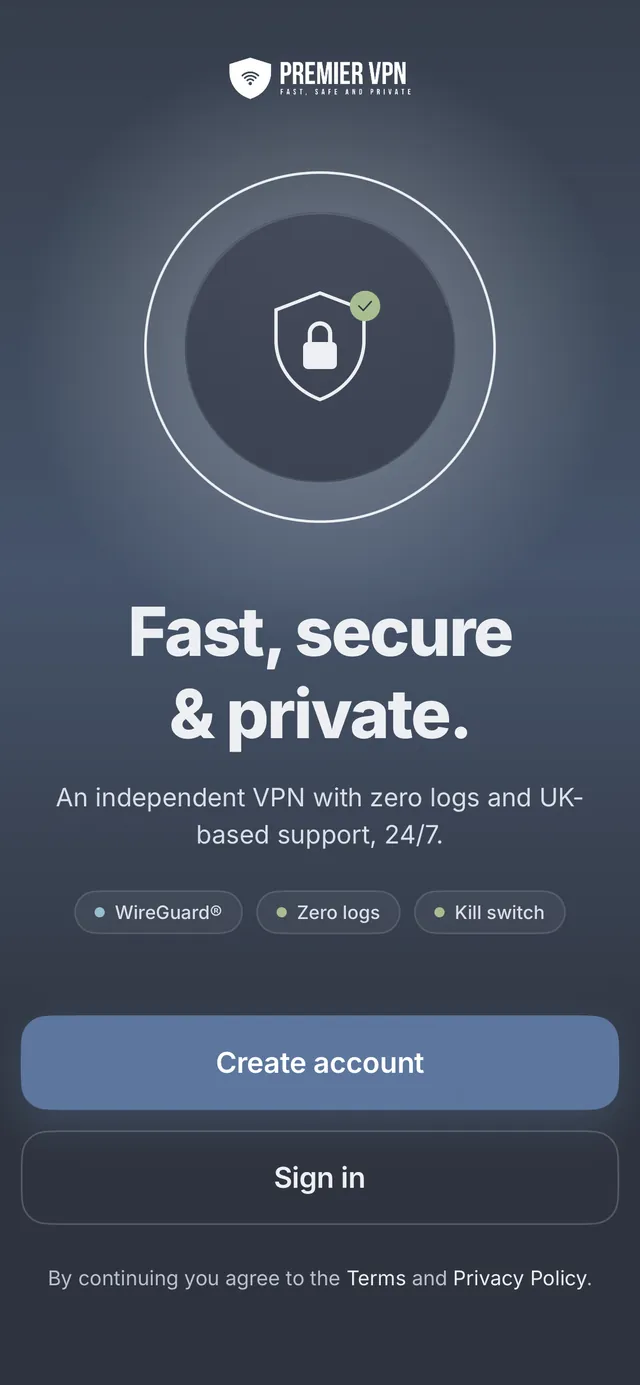 PremierVPN iPhone app welcome screen: Fast, secure & private, with Create account and Sign in