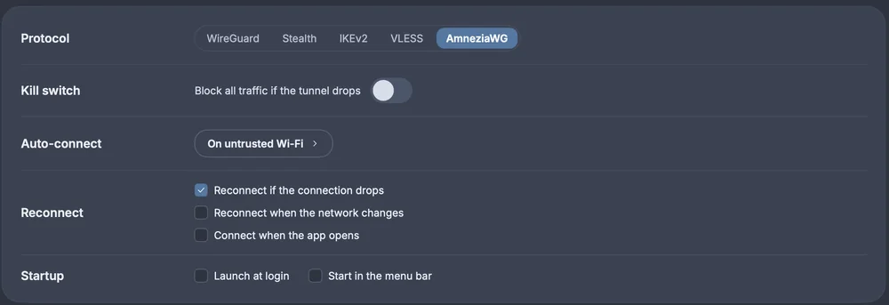 Connection settings: protocol, the kill switch toggle, auto-connect on untrusted Wi-Fi, three reconnect options, and launch at login and start in the menu bar