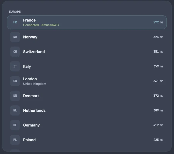 The Standard list of European locations with their latency, with France connected over AmneziaWG
