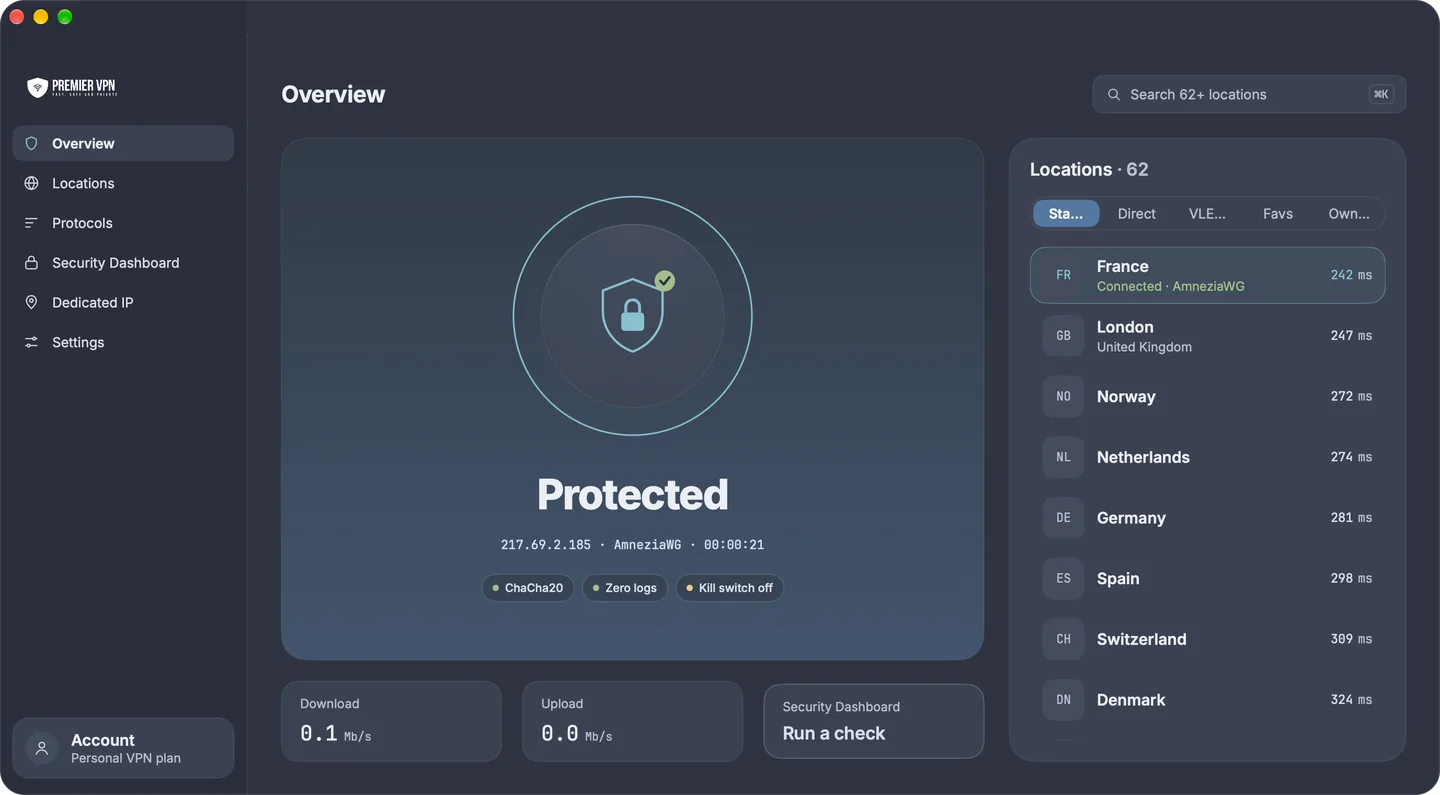 The Overview in the Glass style: the sidebar, the connect orb showing Protected, download and upload speeds, a Security Dashboard card and the list of locations with their latency