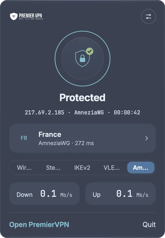 The menu bar popover: Protected, France over AmneziaWG with its ping, the protocol switcher, Down and Up speeds, Open PremierVPN and Quit