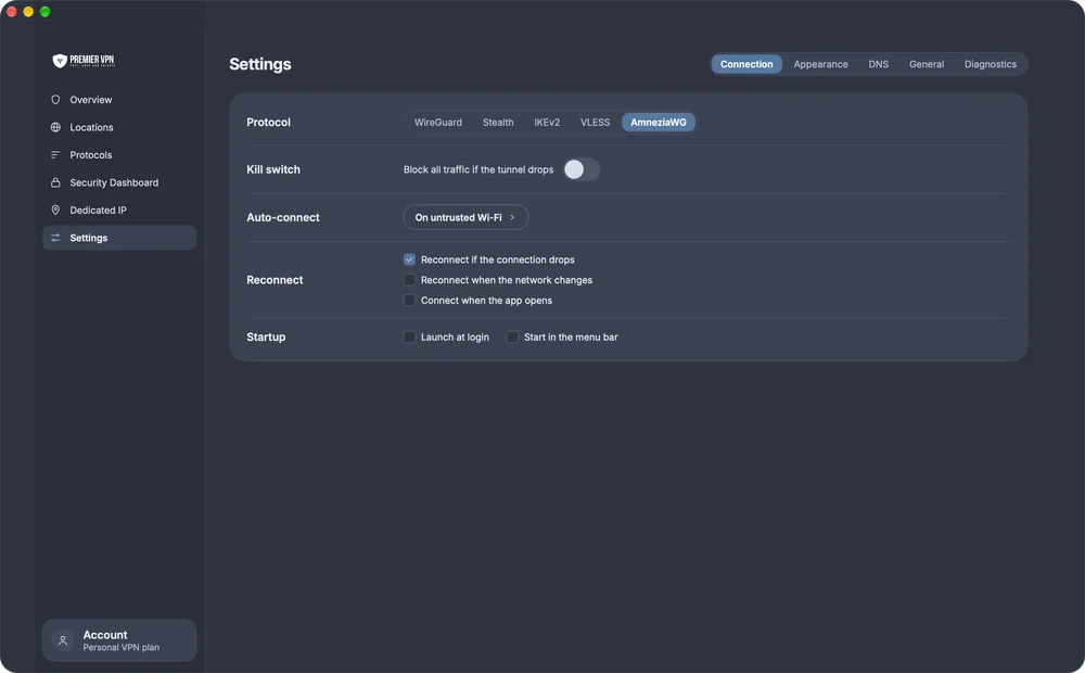 Connection settings in PremierVPN for Mac: protocol, kill switch, auto-connect on untrusted Wi-Fi, reconnect options and startup options