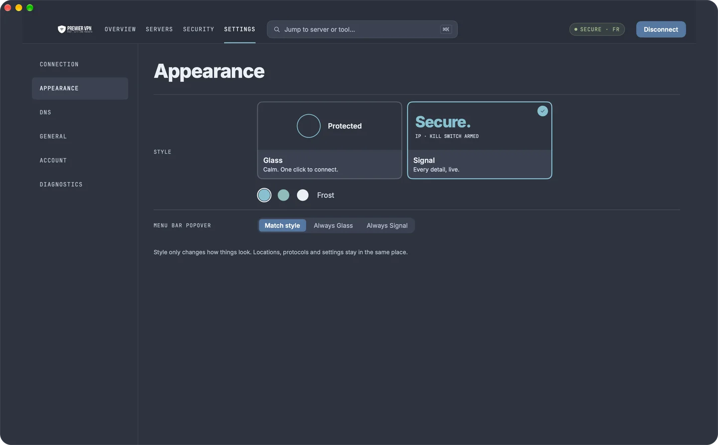 Appearance settings in the Signal style: Glass or Signal, the Frost, Teal and Snow accents, and the menu bar popover style