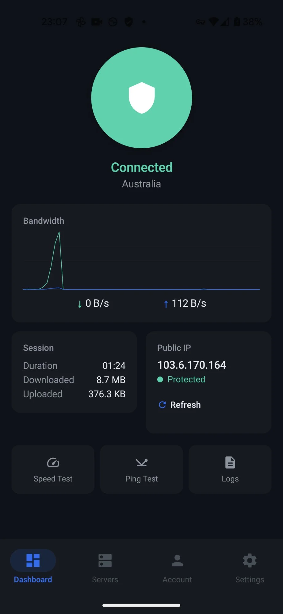 PremierVPN Android App — Connected to Australia with bandwidth monitoring, session data, and speed test tools