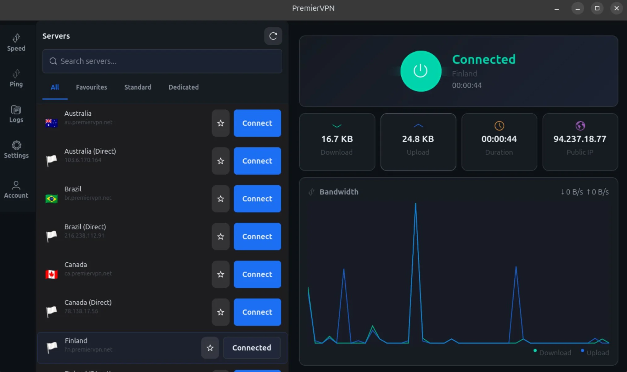 PremierVPN Ubuntu App — Connected to Finland with server browser, bandwidth graph, and session data