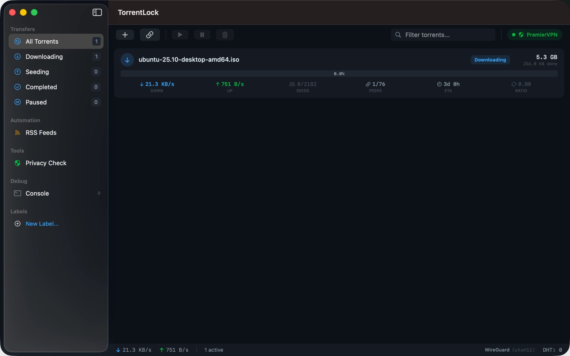 TorrentLock downloading with PremierVPN connected