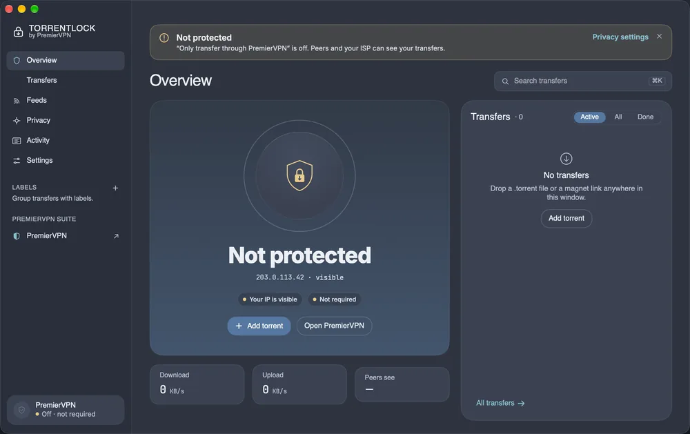 TorrentLock Overview after Only transfer through PremierVPN was switched off: Not protected, the visible IP address and the Open PremierVPN button