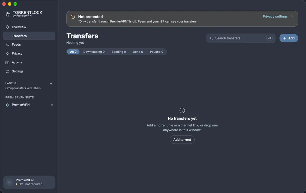 The TorrentLock Transfers page with the All, Downloading, Seeding, Done and Paused filters, search on ⌘K and the Add button