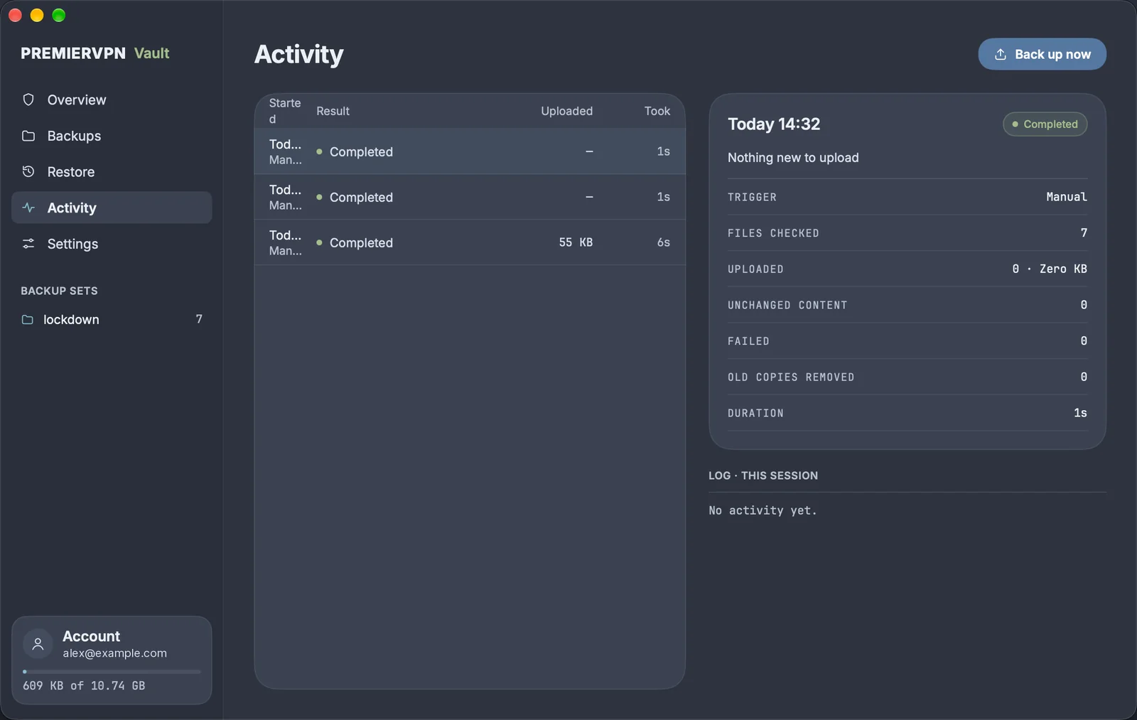 Activity: a list of backups with result, amount uploaded and duration, and the details of the latest backup: trigger, files checked, uploaded, failed and old copies removed