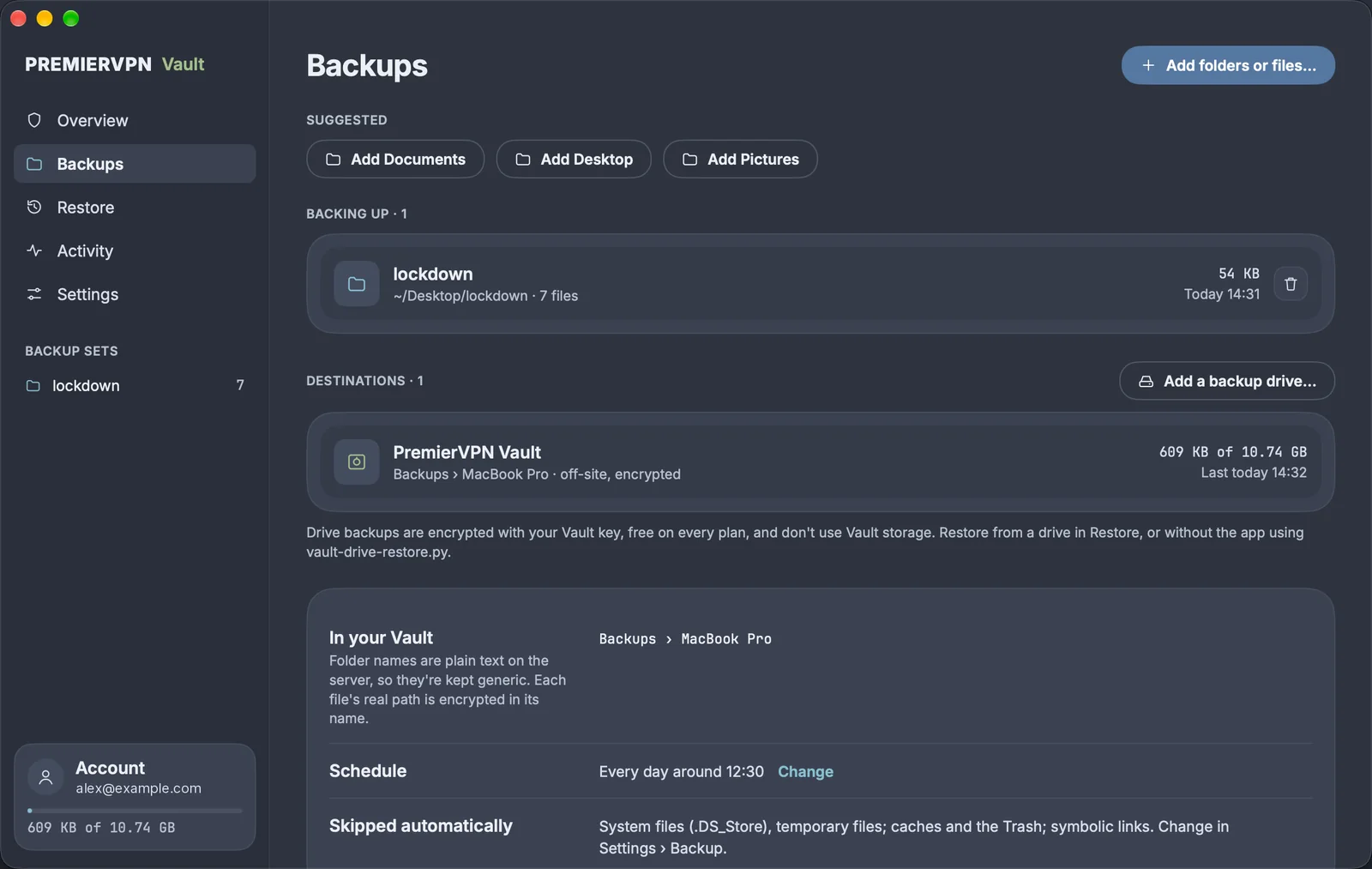 Backups: suggested folders to add (Documents, Desktop, Pictures), the folders being backed up, destinations, and where backups go in your Vault