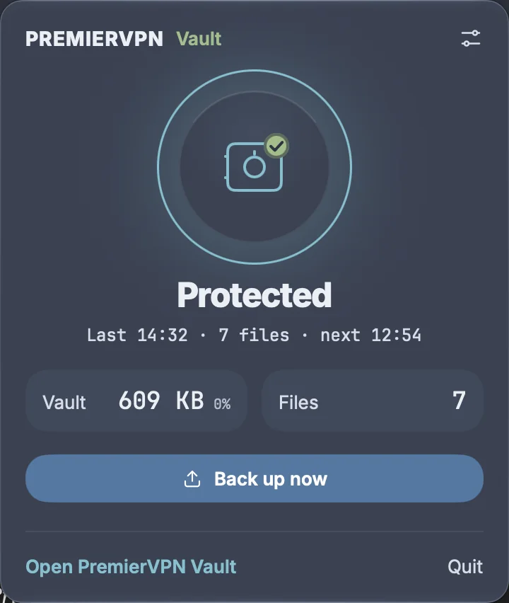 The menu bar panel: Protected, last backup, Vault storage and files, Back up now, Open PremierVPN Vault and Quit
