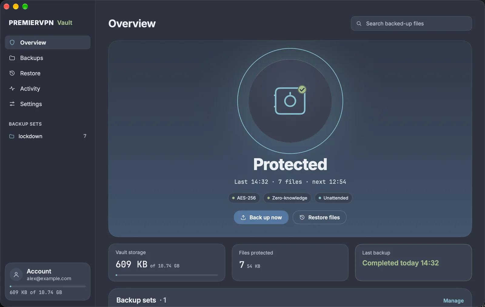 Overview: Protected, last backup 14:32, 7 files, next 12:54, with Back up now and Restore files, and Vault storage, files protected and last backup tiles