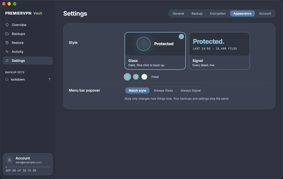 Settings, Appearance: the Glass and Signal styles, Frost, Teal and Snow accents, and the menu bar panel style