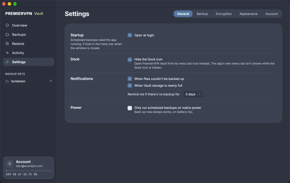 Settings, General: open at login, hide the Dock icon, notifications, backup reminder and mains power