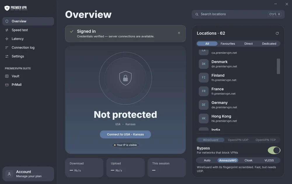 Bypass switched on in PremierVPN for Windows, with the Auto, AmneziaWG, Cloak and VLESS options