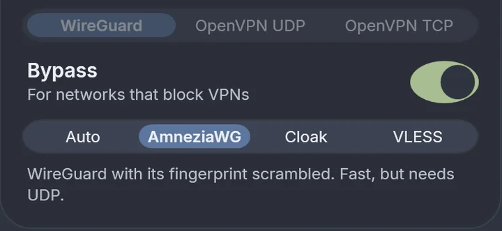 Bypass switched on, with the Auto, AmneziaWG, Cloak and VLESS options and the protocol switch greyed out