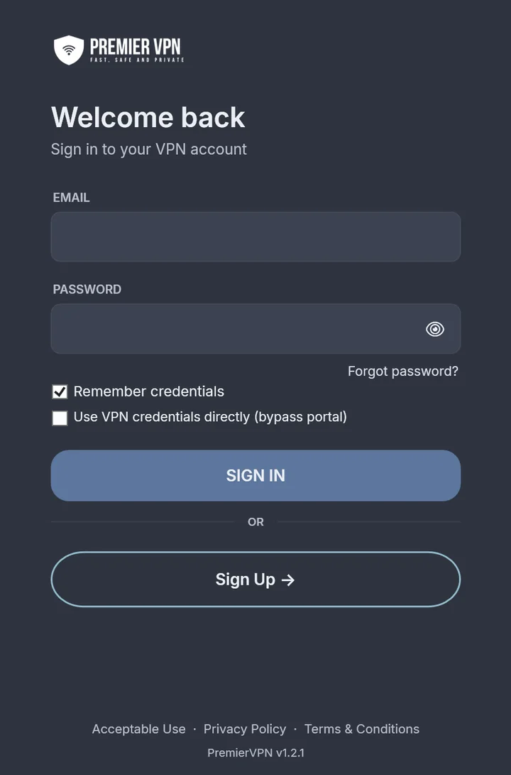 Sign-in screen with email and password, Forgot password, Remember credentials, Use VPN credentials directly, Sign in and Sign up