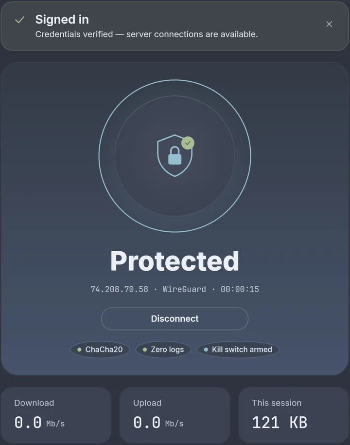 Overview reading Protected, with the IP, WireGuard and time connected, a Disconnect button, ChaCha20, Zero logs and Kill switch armed chips, and download, upload and session tiles