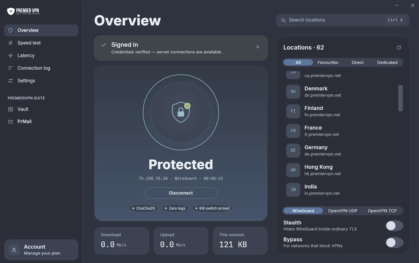 PremierVPN for Windows connected over WireGuard: Protected, with the exit IP, connection time, ChaCha20, Zero logs and Kill switch armed, the locations list with All, Favourites, Direct and Dedicated, and the WireGuard, OpenVPN UDP and OpenVPN TCP switch