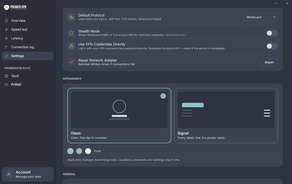 PremierVPN for Windows settings: default protocol, Stealth mode, VPN credentials, Repair network adapter, and the Glass or Signal style with accent colours