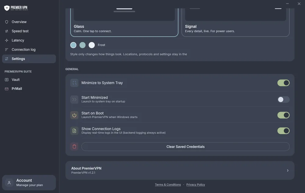 General settings in PremierVPN for Windows: Minimize to System Tray, Start Minimized, Start on Boot, Show Connection Logs and Clear Saved Credentials