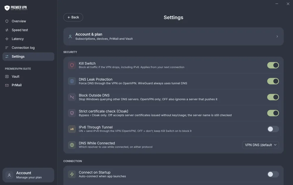 Security settings in PremierVPN for Windows: Kill Switch, DNS Leak Protection, Block Outside DNS, Strict certificate check for Cloak, IPv6 Through Tunnel and DNS While Connected
